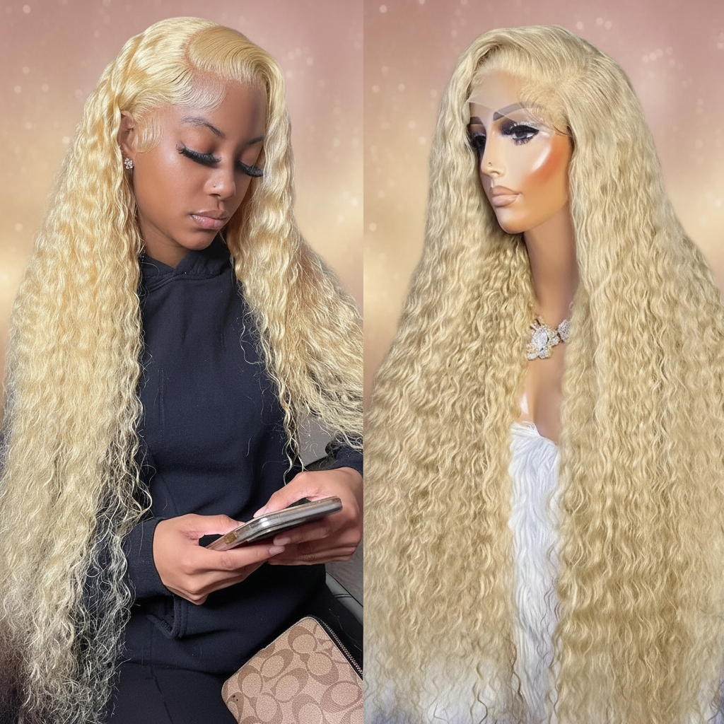 613 blonde deep wave wig elegant background