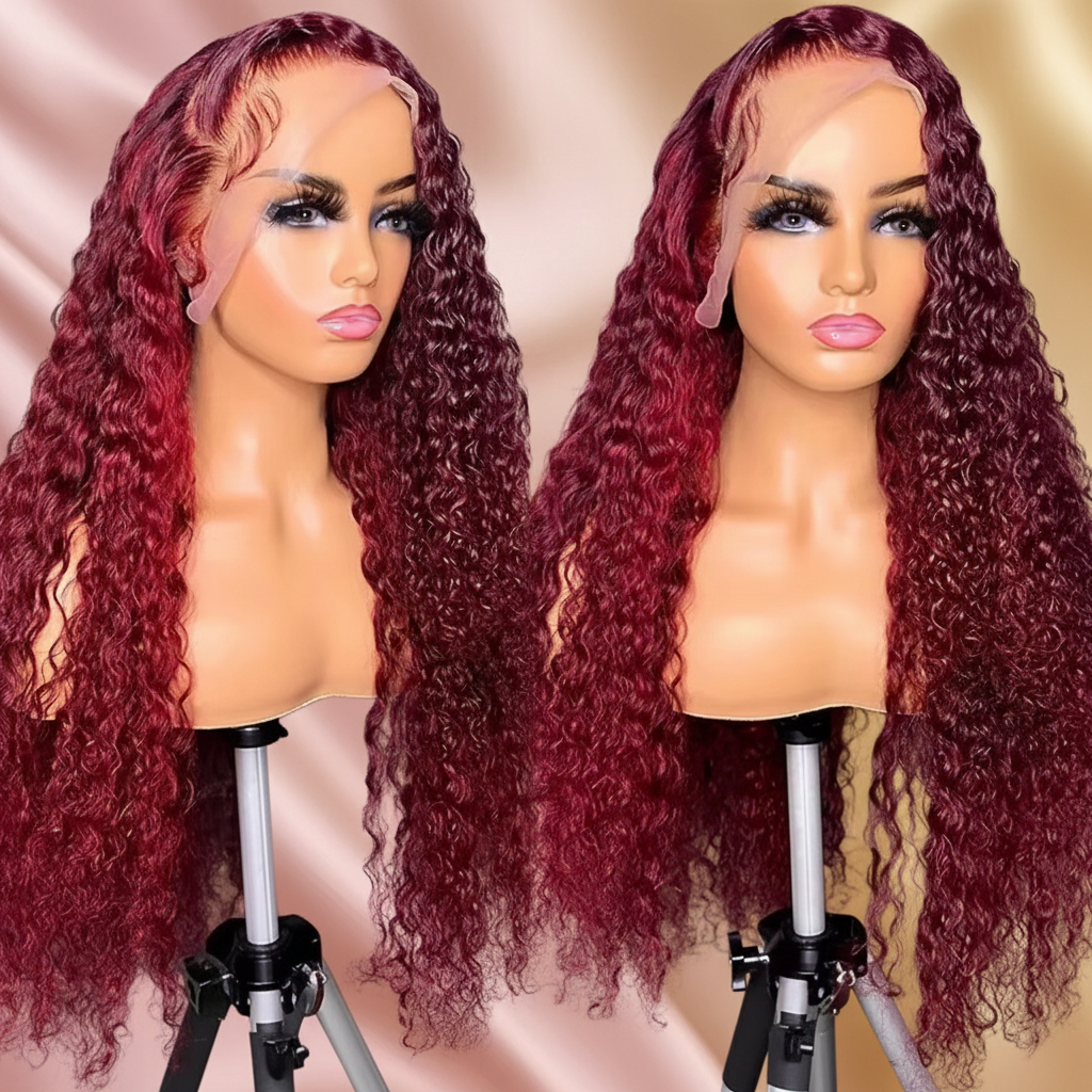 Burgundy red deep wave wig elegant background