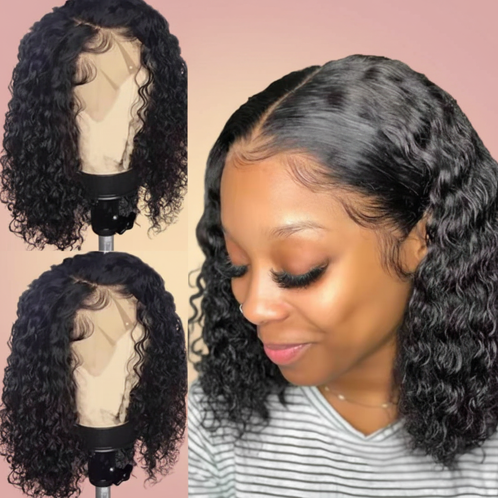 Curly bob wig collage elegant background