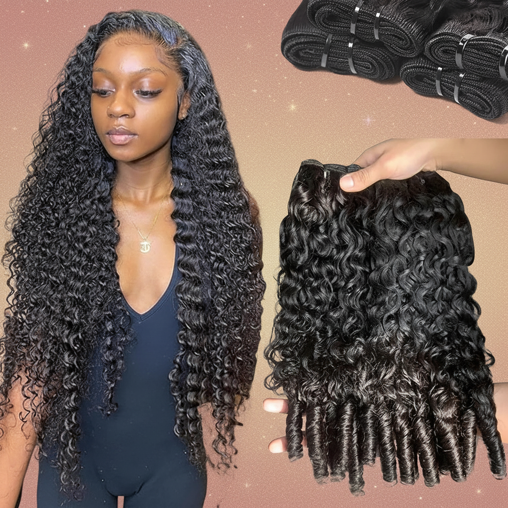 Curly bundles model shot with elegant background