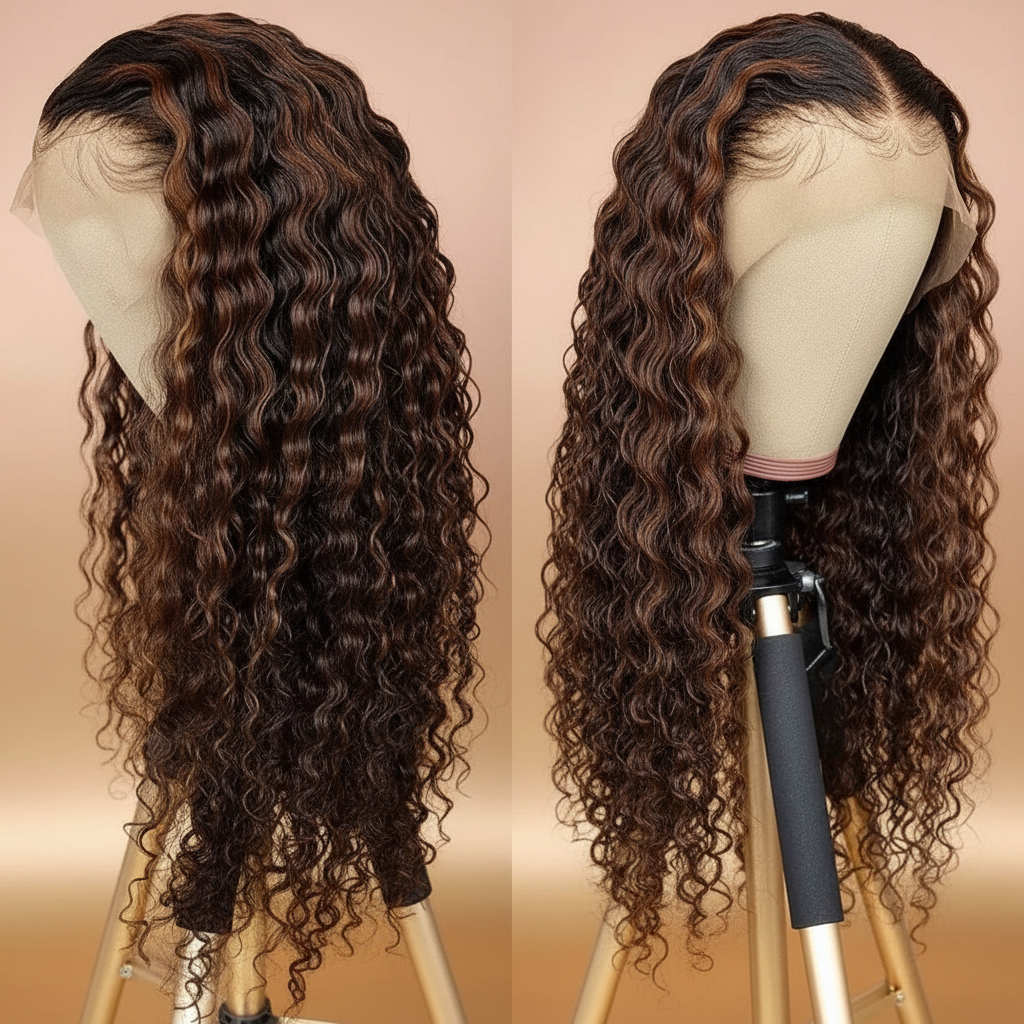 Dark brown deep wave wig elegant background
