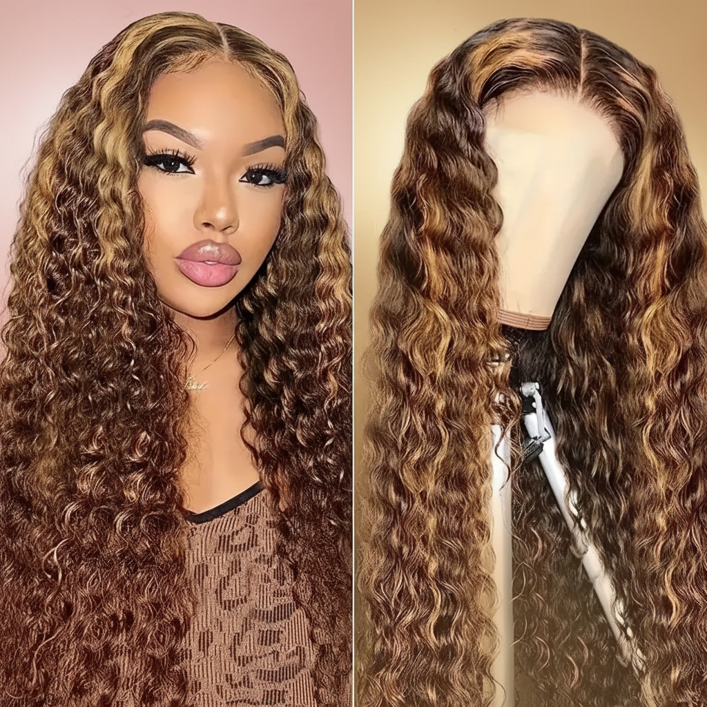 Honey blonde highlighted deep wave wig elegant background
