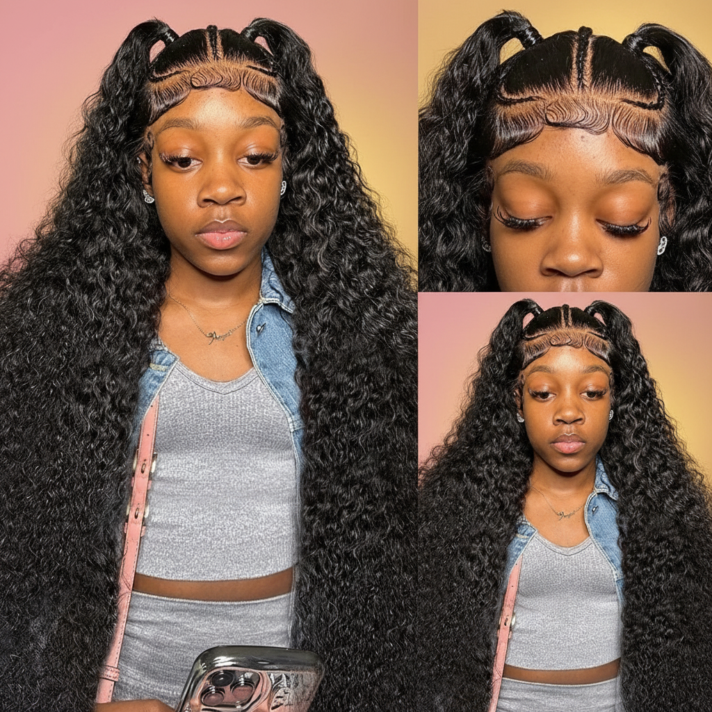 Jet black deep wave wig lace detail elegant background